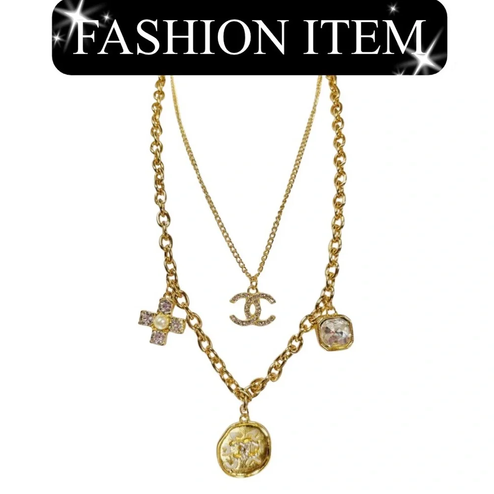 A-1FN-4: NECKLACE: Double Gold-Tone Featuring Dazzling Monogram Charms, NWOT